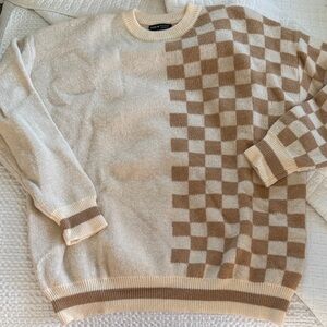 Beige and Cream Checkered Crewneck Sweater